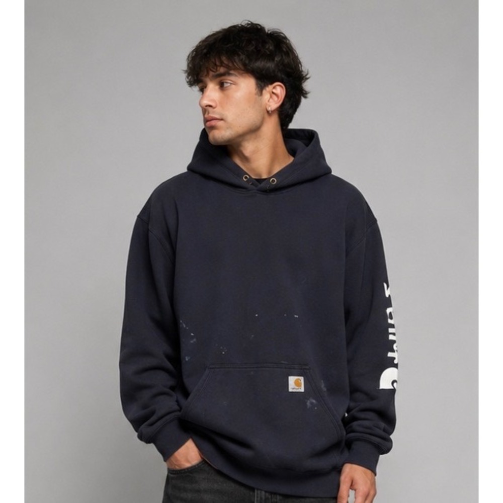 Carhartt Men Blue Original Fit Graphic Hoodie Sweatshirt Large Paint Splattered‎